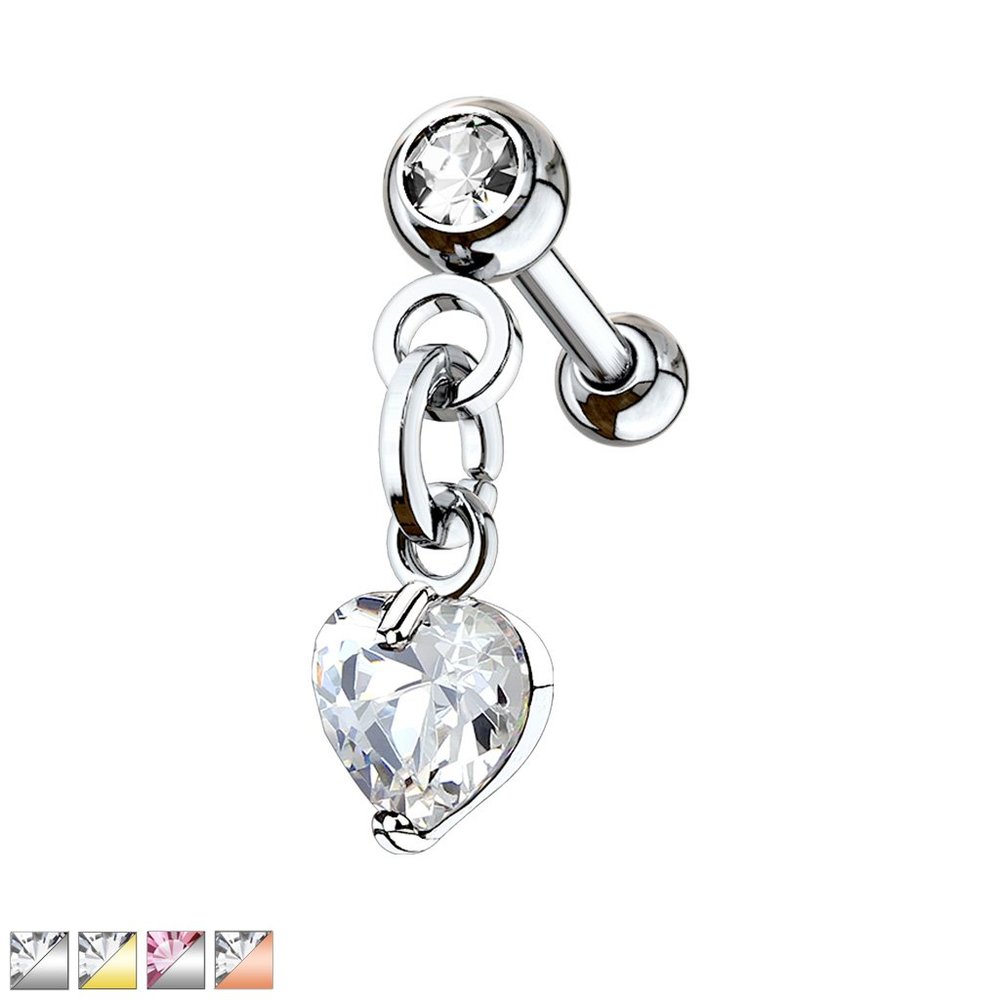 Crystal Set Ball with Prong Set Heart CZ Dangle 316L Surgical Steel Cartilage, T